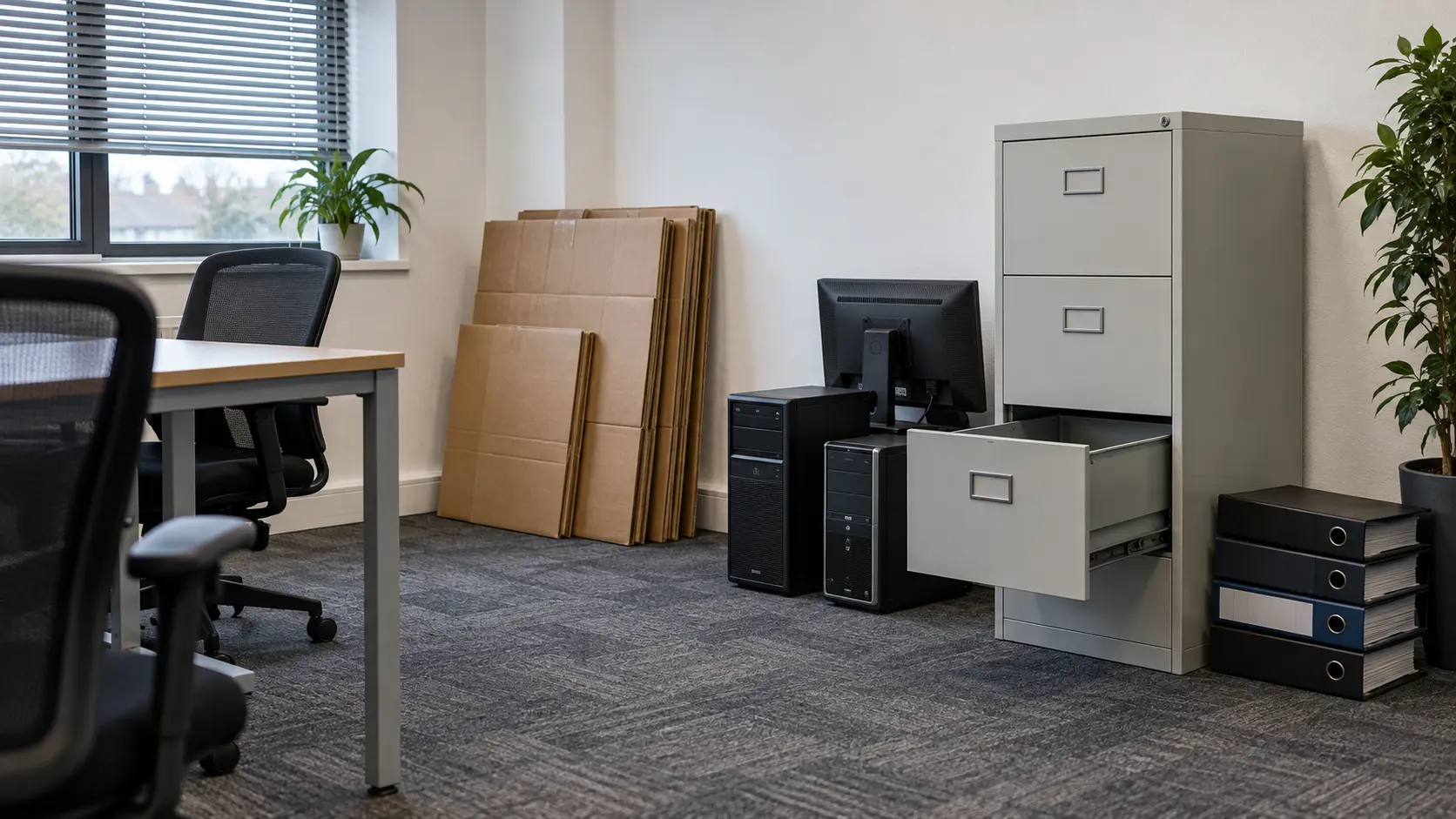 An office being cleared, with an open filing cabinet, old computer towers and monitor, flattened boxes and ring binders beside a desk and chair