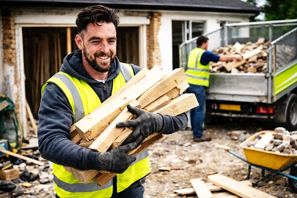 A clearance worker in a hi-vis vest carrying timber offcuts outside a house under renovation, with a colleague loading a trailer of rubble behind him