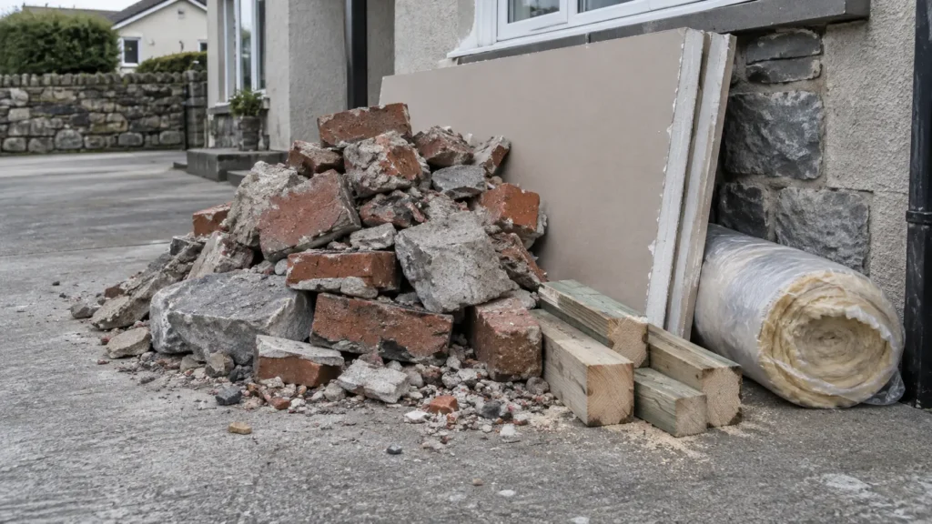 A pile of bricks, rubble, plasterboard, timber offcuts and a roll of insulation stacked outside a house during a renovation