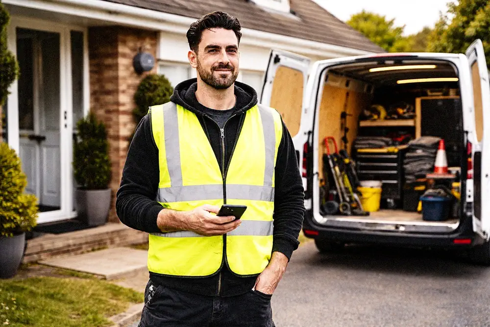 A clearance worker in a hi-vis vest smiling outside a house, holding a phone, with his fully stocked van parked behind him