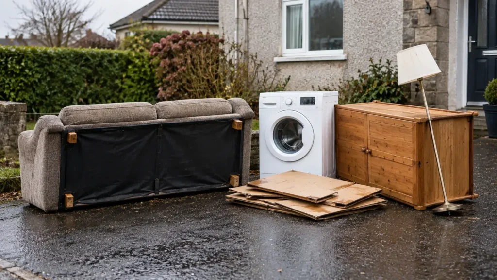 A sofa, washing machine, wooden cabinet, floor lamp and flattened cardboard boxes left outside a house for collection