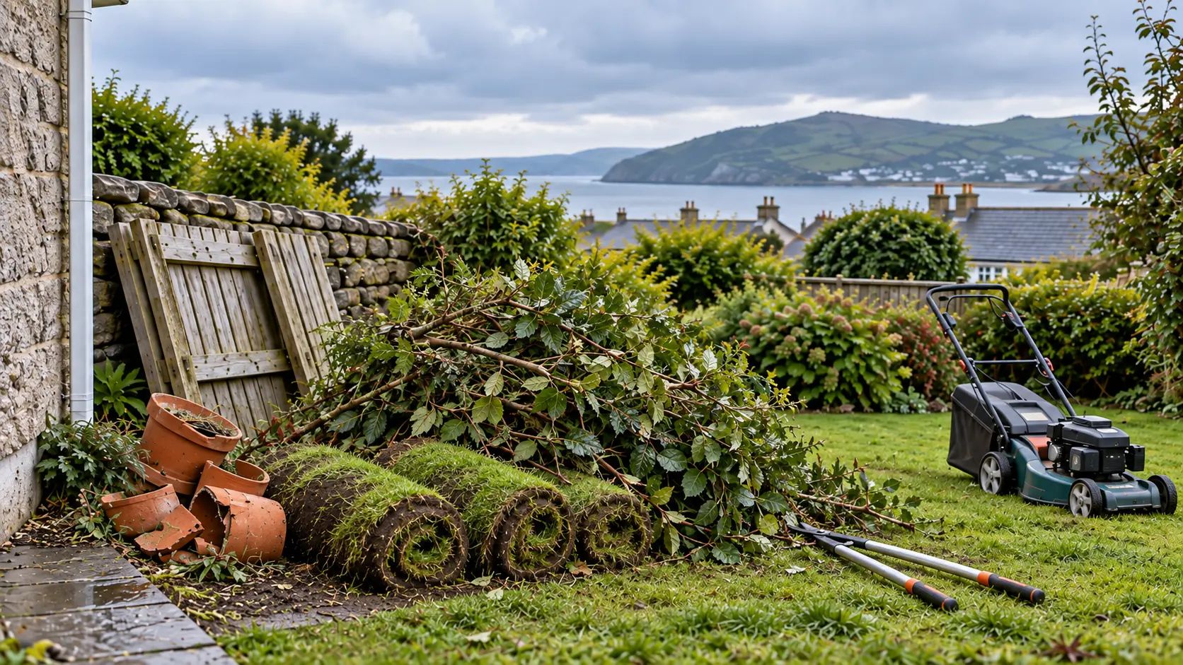 Garden waste including hedge trimmings, rolled-up turf, broken plant pots and an old fence panel piled beside a lawnmower and shears, overlooking a coastal town