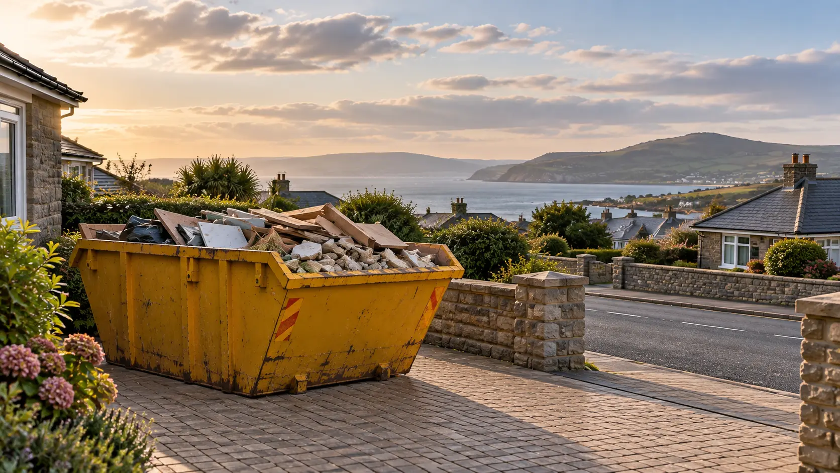 A yellow builder's skip filled with rubble and timber offcuts, parked on a driveway beside a low stone wall bordering the road, with a coastal view beyond